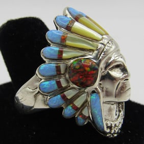 MOP OPAL INDIAN CHIEF RING STERLING SILVER SIZ12.5