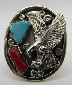 "RB" TURQUOISE CORAL EAGLE RING STERLING SILVER