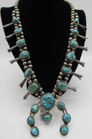 TURQUOISE SQUASH BLOSSOM NECKLACE STERLING SILVER