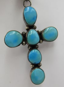 VERNON BEGAY TURQUOISE CROSS PENDANT STERLING SILV