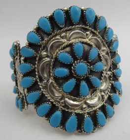 WAUNEKA TURQUOISE CLUSTER CUFF BRACELET STERLING S
