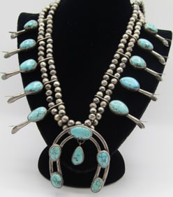 "LL"  TURQUOISE SQUASH BLOSSOM NECKLACE STERLING