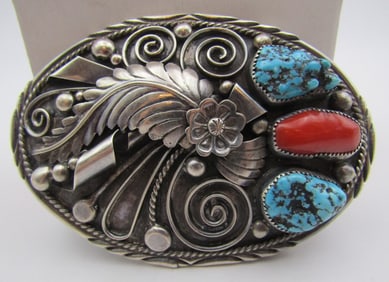H BOYD TURQUOISE CORAL BELT BUCKLE STERLING SILVER