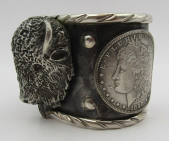 199GR SILVER DOLLAR BUFFALO CUFF BRACELET STERLING