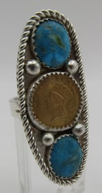 1857 US $1 GOLD COIN TURQUOISE RING STERLING SILVE