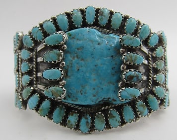 "LMB" TURQUOISE CLUSTER CUFF BRACELET STERLING SIL