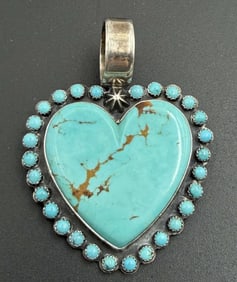LARGE STERLING NAVAJO TURQUOISE HEART PENDANT