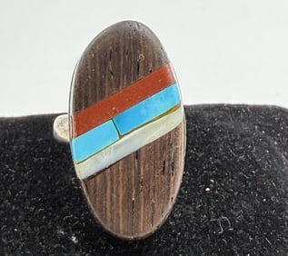 "JR" ZUNI STERLING TURQUOISE WOOD RING SIGNED