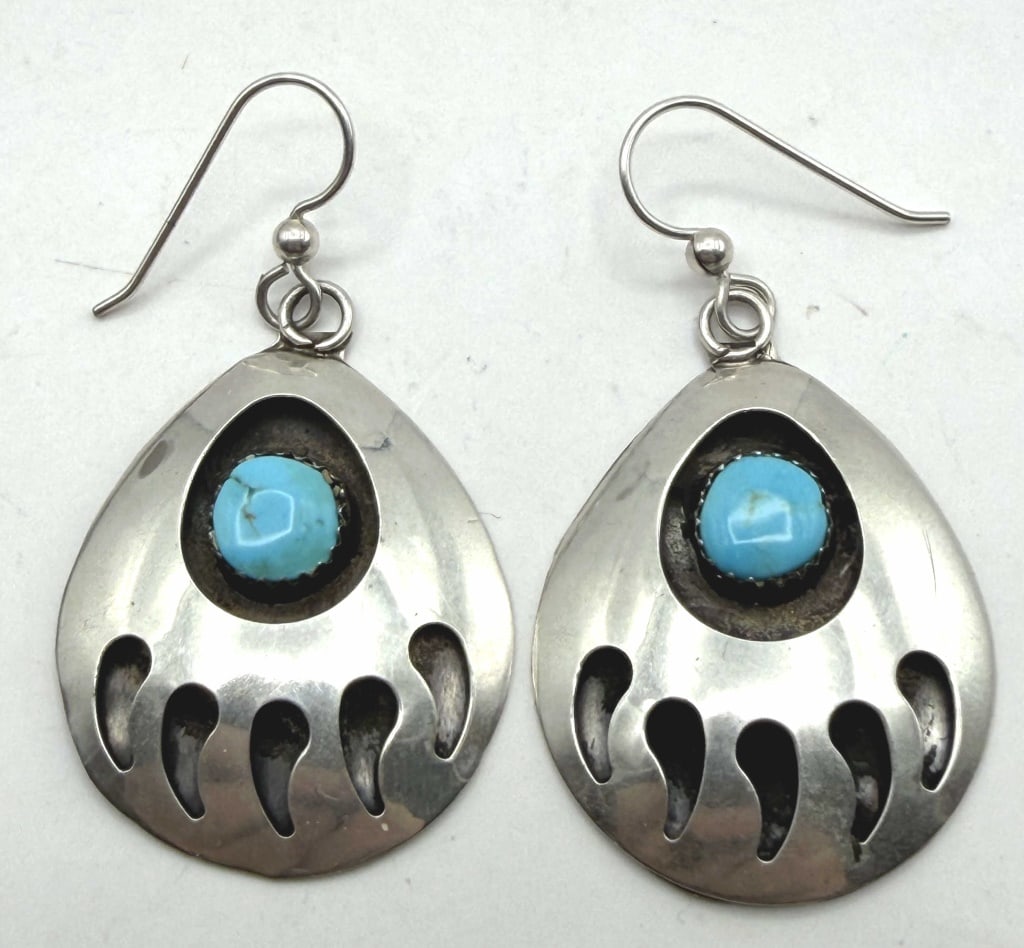 LARGE 1.5" BEAR PAW STERLING TURQUOISE EARRINGS (1 of 4)