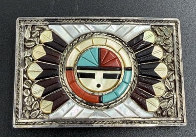 DON DEWA ZUNI STERLING SUNFACE BELT BUCKLE