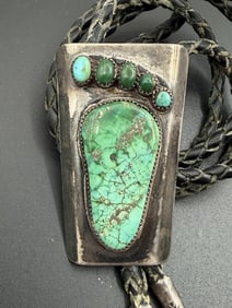 OLD PAWN FOOT BOLO TIE STERLING TURQUOISE VINTAGE