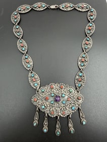 STERLING TAXCO TURQUOISE RED CORAL NECKLACE