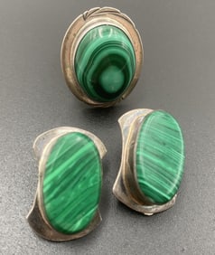 28 GRAM STERLING MALACHITE RING EARRINGS SUITE