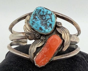 46 GRAM STERLING CORAL TURQUOISE NAVAJO BRACELET
