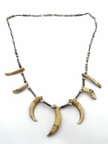 ANTIQUE SEAL TOOTH SHELL METAL NECKLACE