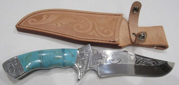 ENGRAVED TURQUOISE HUNTING KNIFE