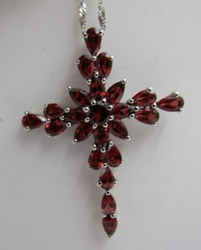 GENUINE 3CT GARNET CROSS & NECKLACE STERLING SILVE