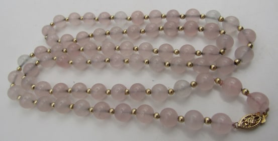 29" ROSE QUARTZ & 14K GOLD BEAD NECKLACE