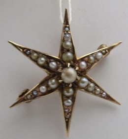 10K GOLD VICTORIAN SEEDPEARL SUNBURST NECKLACE PIN