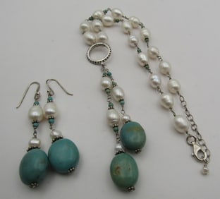 TURQUOISE PEARL STERLING SILVER NECKLACE & EARRING