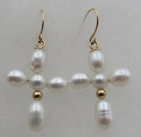 14K GOLD CULTURED PEARL CROSS EARRINGS