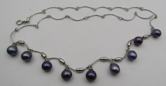17" BLACK 8MM PEARL NECKLACE STERLING SILVER