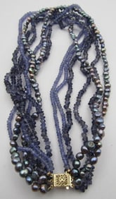 14K GOLD 7 STRAND 6MM BLACK PEARL IOLITE NECKLACE