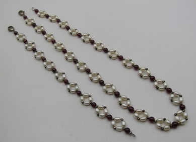 GARNET PEARL STERLING SILVER NECKLACE & BRACELET