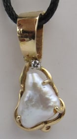 14K GOLD BAROQUE PEARL DIAMOND NECKLACE PENDANT 3G