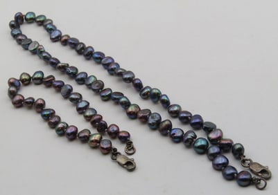 PEACOCK PEARL NECKLACE & BRACELET STERLING SILVER