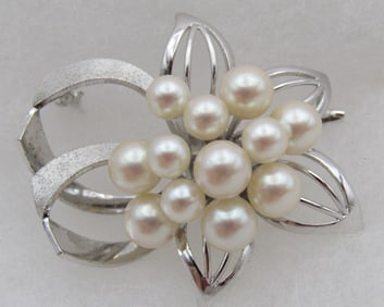 AKOYA PEARL CLUSTER PIN STERLING SILVER BROOCH
