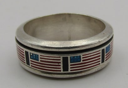 ENAMEL USA FLAG SPINNER RING STERLING SILVER SIZE8