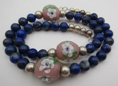 23" 22MM GLASS BEAD LAPIS NECKLACE STERLING SILVER