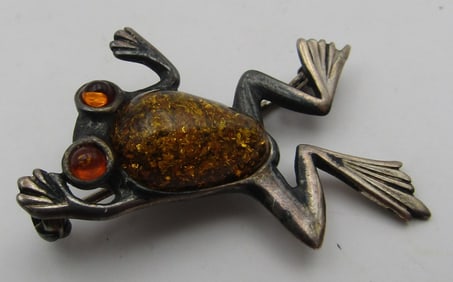 AMBER FROG PIN STERLING SILVER BROOCH