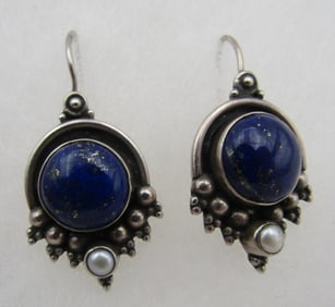 BLUE LAPIS & PEARL EARRINGS STERLING SILVER