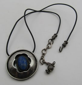 "EE" BLUE LAPIS STERLING SILVER & LEATHER NECKLACE