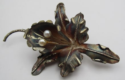 ORCHID PEARL PIN STERLING SILVER BROOCH