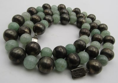 TC80 TAXCO NECKLACE 12MM GREEN&STERLING SILVER104G