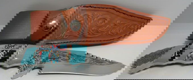TURQUOISE INLAY AND ETCHED BOWIE KNIFE