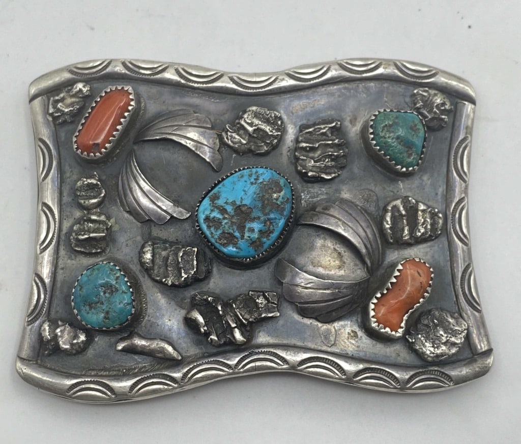 1980s STERLING NAVAJO TURQUOISE BELT BUCKLE CORAL (1 of 4)