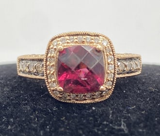 LEVIAN 14K GOLD GARNET DIAMOND HALO RING