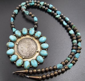 STERLING TURQUOISE NECKLACE SILVER DOLLAR