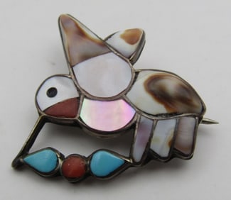 ZUNI INLAY HUMMINGBIRD PIN STERLING SILVER