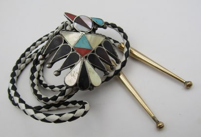 INLAY THUNDERBIRD BOLO TIE NECKLACE STERLING SILVE