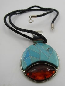 DRT INLAY TURQUOISE AMBER NECKLACE PENDANT STERLIN
