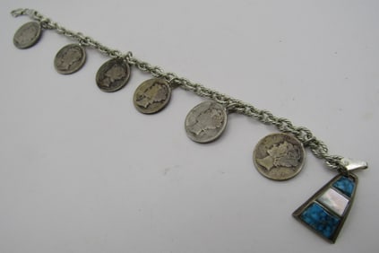 TURQUOISE MERCURY DIME BRACELET STERLING SILVER