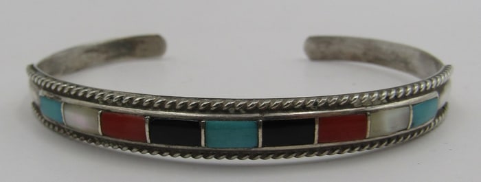 "MP" INLAY TURQUOISE CUFF BRACELET STERLING SILVER