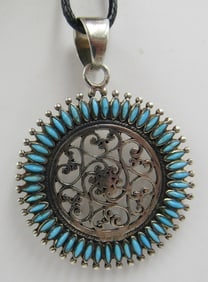 PETIT POINT TURQUOISE NECKLACE PENDANT STERLING