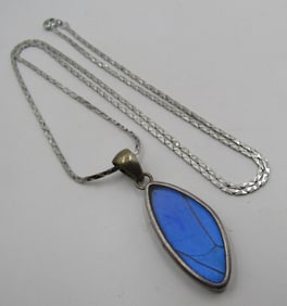 REAL BUTTERFLY WING 24" NECKLACE PENDANT STERLING