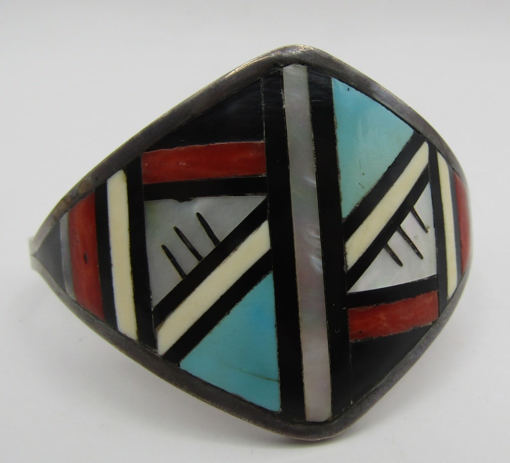 SUE" INLAY TURQUOISE CUFF BRACELET STERLING SILVER (1 of 6)